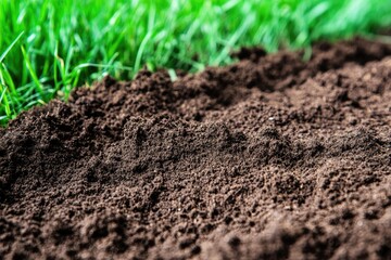 Close-up view of dark brown soil bordering green grass
