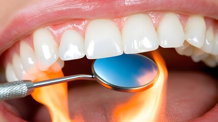 Dental Mirror Reflecting Flames Inside Open Mouth with Bright Teeth
