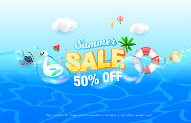 Wavy transparent sea water design with inflatable swimming ring, diving mask, safety ring for summer sale concept. Summer holiday vector design template.