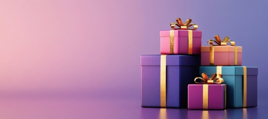 Obraz premium Elegant stack of wrapped gift boxes in coordinated colors with golden ribbons placed on glossy purple surface against soft gradient background suggesting celebration and design, 