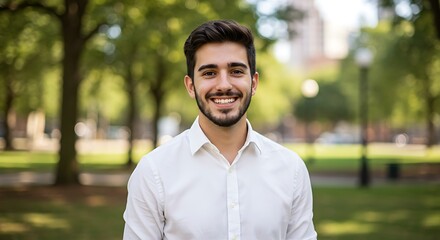 Gentleman's Summer Smile: Portrait in a Lush Green Park AI Generated