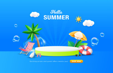 Clean 3d summer sale podium design with tropical plants, safety ring, beach umbrella in blue bubble background. Promotion banner template for summer holiday.