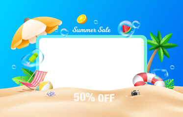 Summer holiday frame design with 3d elements and bubble in beach background. Summer sale design banner template.