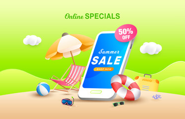 Cool neon green summer specials with mobile phone in beach background. Online sale promo template during summer time.