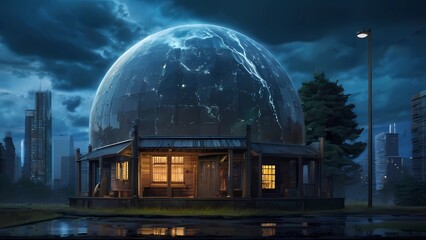 Obraz premium ゲーム背景 雷の荒天時にあるドーム型の変わった家屋がある風景