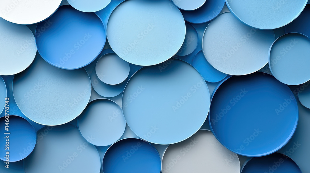 Poster realistic 4k background features an array of blue circular designs in three dimensions, creating a s
