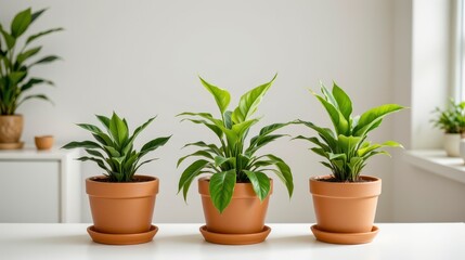 Obraz premium Indoor Green Plants Displayed in Terracotta Pots on a White Table Near a Bright Window