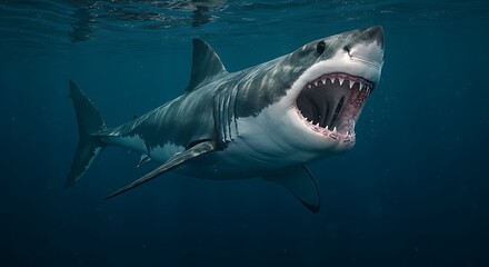 Naklejka premium Ocean's Apex Predator: A Great White Shark's Underwater Majesty AI Generated