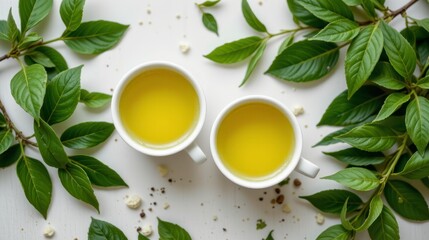 Freshly Brewed Green Tea in White Cups Surrounded by Lush Green Tea Leaves on Bright Background