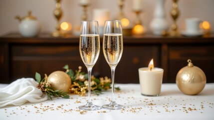 Elegant Celebration with Champagne Glasses, Candle, and Decorative Ornaments at Festive Table