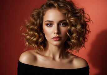 Fototapeta premium Portrait of a beautiful woman with curly blonde hair against a coral background