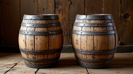 Fototapeta premium Rustic wooden barrels with metal rings set against a weathered wooden background in a barn