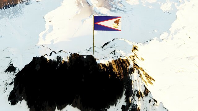 3D rendering of American Samoa's national flag featuring a bald eagle clutching traditional Samoan symbols, gracefully waving atop a snow-covered mountain peak, symbolizing national pride and resilien