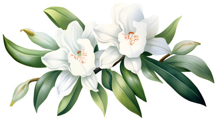 White Vanilla Orchid Flower and Green Leaves Isolated on White Background - Professional Floral Photography