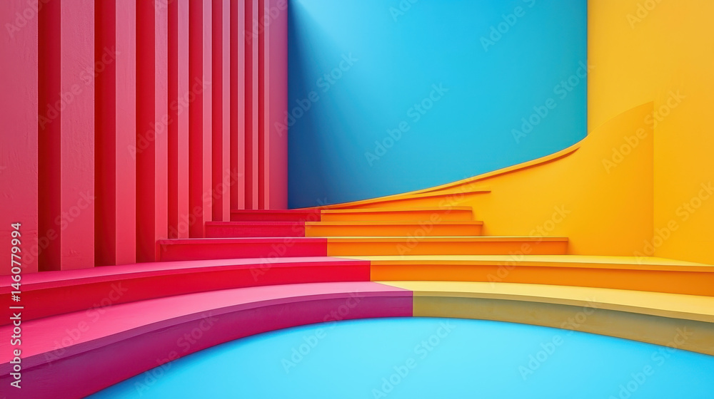 Poster a vibrant 3d abstract background showcases colorful steps and side angles, creating a visually engag