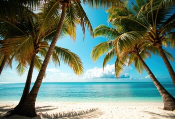 Fototapeta premium Tropical beach with palm trees and clear blue ocean under a sunny sky