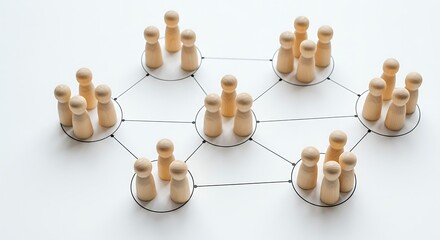 Fototapeta premium Wooden Peg Figures Connected by Lines Representing Social Network and Community