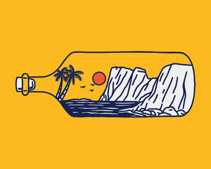 A minimalist illustration of a rocky coast at sunset inside a glass bottle, showcasing cliffs, ocean waves, palm trees, and a warm sun. © Invasistudio