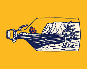 A nautical illustration of a small red sailboat navigating the sea, enclosed inside a bottle with a mountain, palm trees, and shoreline in the background.