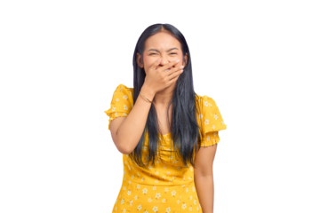 Portrait of laughing young Asian woman covering mouth with hand isolated on transparent background