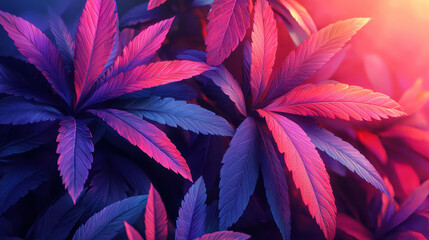 A vibrant 4K 3D background showcasing colorful foliage with realistic textures and side angle view, illuminated by a stunning blend of blue, pink, and red hues.