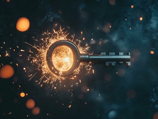 key glowing with sparks, bluish-dark background, bokeh, metallic, magical