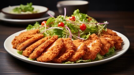 Crispy katsu with fresh salad on a plate.