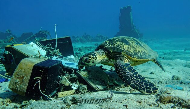 Sea turtle exploring discarded electronic waste on ocean floor with sunken structures in background, emphasizing marine pollution