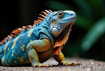 Fototapeta premium Colorful iguana with vibrant blue and orange scales in a natural setting