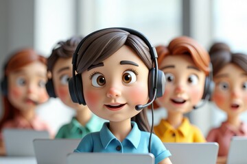 Cartoon customer service representatives at workstations.