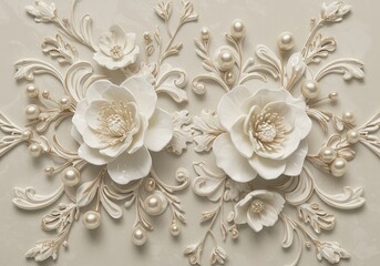 Elegant white floral arrangement with pearls and decorative swirls on a neutral background