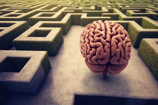 Human brain in a complex maze, signifying the challenges of cognitive processes and problem-solving