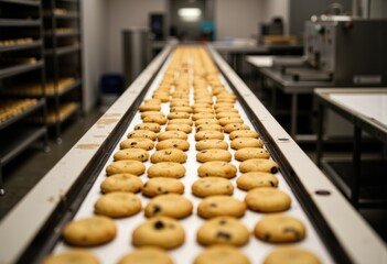 Freshly baked cookies on a conveyor belt in a commercial bakery