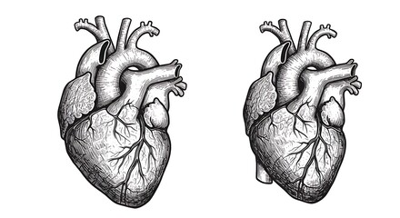 Intricate Pen-and-Ink Anatomical Heart Drawings: Dual Perspective, Monochromatic Detail AI Generated