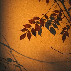 Autumn leaf and twig shadows on a textured wall, golden hour sunlight, cozy and nostalgic atmosphere, cinematic aesthetic
