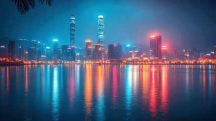 Fototapeta premium Illuminated cityscape reflected on a calm body of water at night in Hong Kong