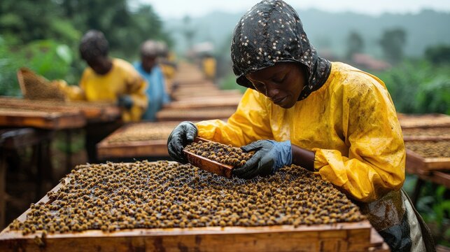A worker harvests honeycombs.  Focused attention on the task