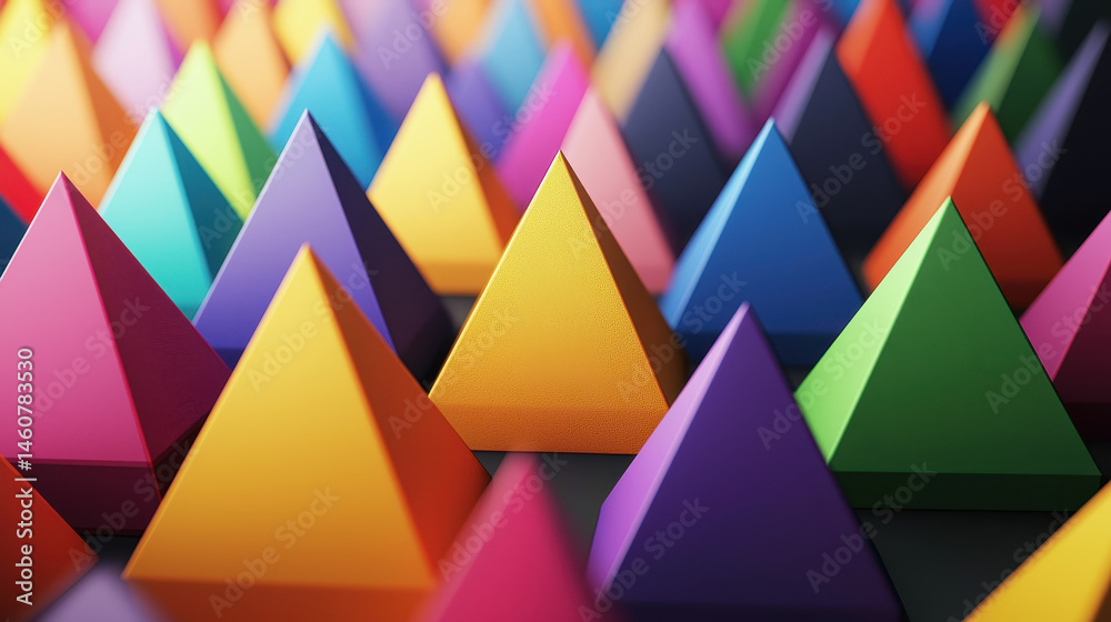 Poster a vibrant 3d background featu a realistic array of colorful triangular shapes arranged at a side ang