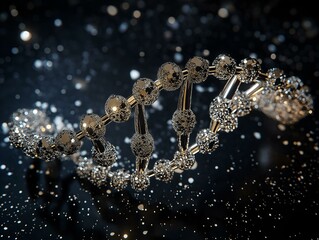 glowing dna strand, multicolored particles, dark background, science fantasy, abstract energy