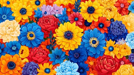 A vibrant field of colorful flowers blooms together in stunning detail, with yellows, blues, reds, and oranges creating a gorgeous floral background design.