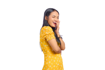 Portrait of smiling young Asian woman raised hand with a crossed arm isolated on transparent background