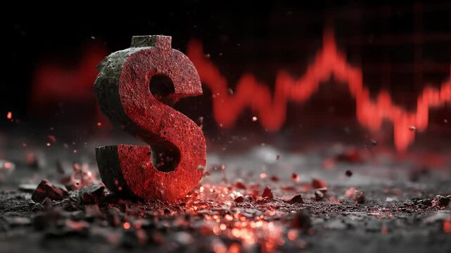 Dollar sign crumbling in flames highlighting financial crash