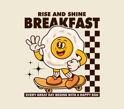 breakfast slogan with retro fried egg cartoon character playing skateboard for t shirt, poster, sticker and more. vector illustration