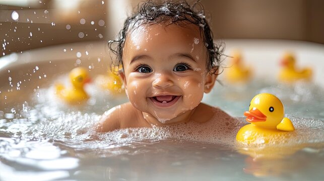 Adorable baby girl enjoying a bath time.  Bubbles and splashing water surround her