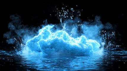A glowing, ethereal cloud of blue, suspended over water, with splashes and steam rising