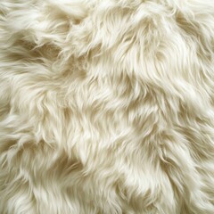 Close up of fluffy white sheepskin rug shows texture and softness in a full frame studio shot for background