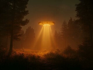 ufo, night scene, forest, orange light, mysterious, sci fi scene