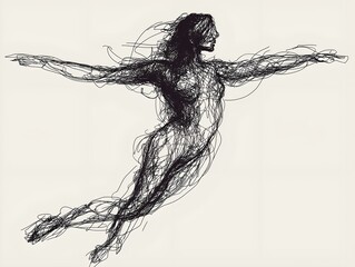 Fototapeta premium ballerina sketch, dynamic pose, black ink, minimalist style, elegant movement, flowing lines