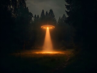 ufo in forest, night scene, orange light beam, dark trees, mysterious atmosphere, sci fi scene