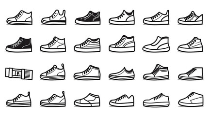 Modern collection of line icons depicting sneakers and women's footwear in trendy styles